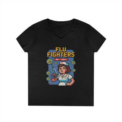 Flu Fighters V-Neck T-Shirt Retro Gamer Nurse Humor Statement Tee | TEEZOCA 