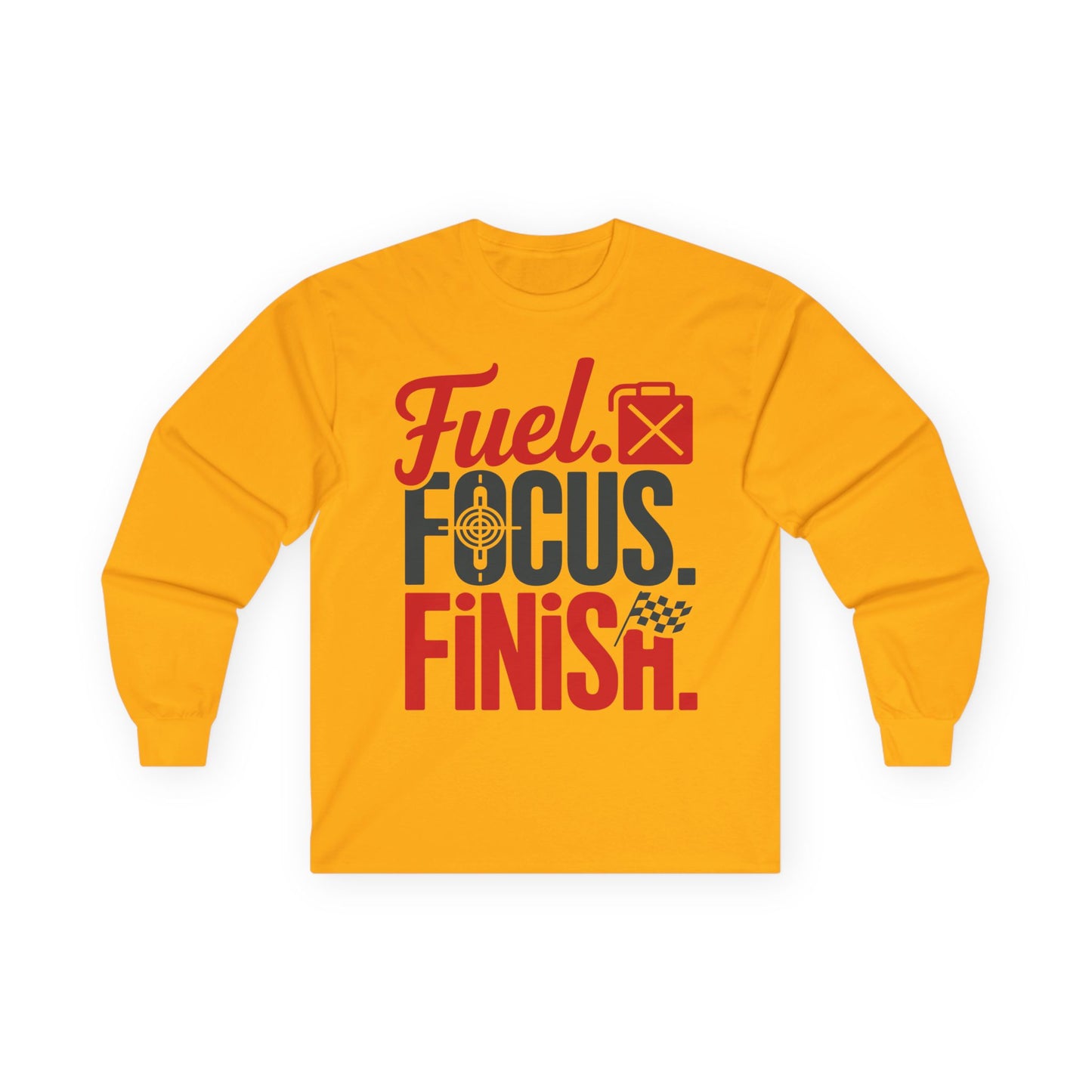 TEEZOCA focus mindset graphic long-sleeve shirt Yellow long-sleeve shirt with motivational text 'Fuel. Focus. Finish.' on a white background
