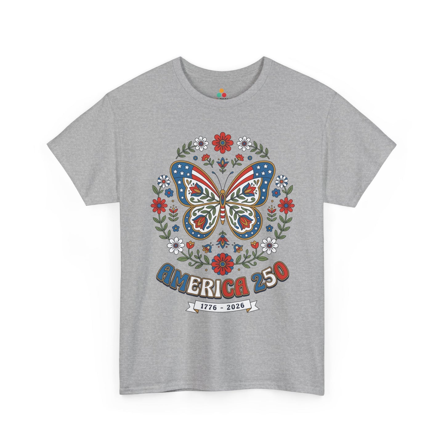 TEEZOCA folk art patriotic shirt t-shirt with cottagecore patriotic shirt styling, ornate butterfly wings, and America 250 text.
