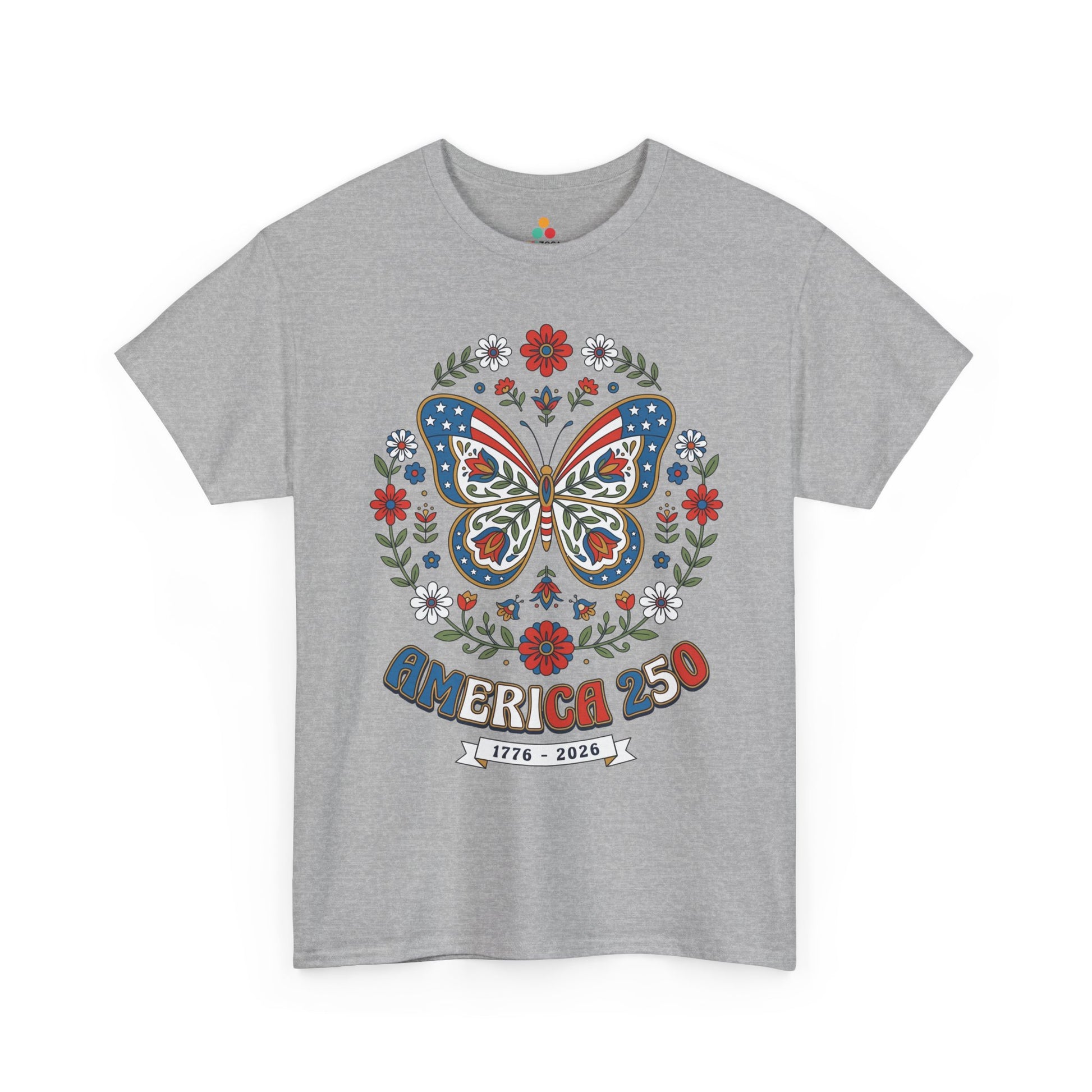 TEEZOCA folk art patriotic shirt t-shirt with cottagecore patriotic shirt styling, ornate butterfly wings, and America 250 text.
