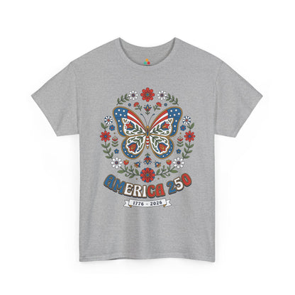 TEEZOCA folk art patriotic shirt t-shirt with cottagecore patriotic shirt styling, ornate butterfly wings, and America 250 text.

