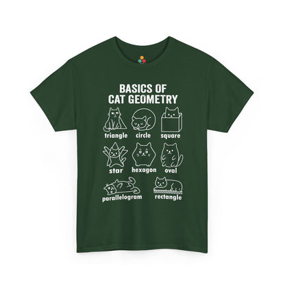 TEEZOCA forest green "Basics of Cat Geometry" cat lover tee, flat lay front view. Cat Geometry Funny Math Shapes Teacher Student Lover Dad Mom Back School T-Shirt