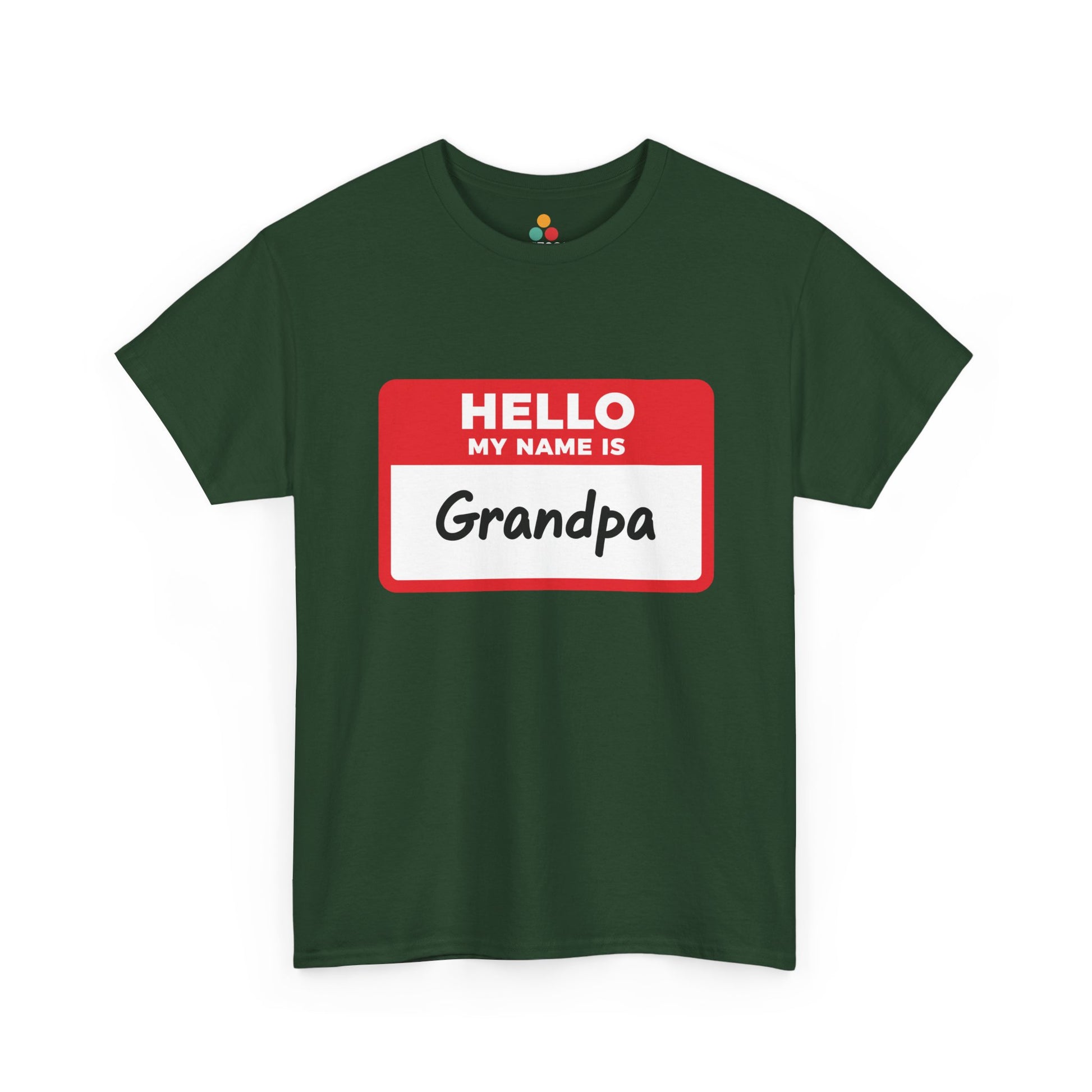 TEEZOCA forest green “Hello My Name Is Grandpa” classic joke t-shirt shown flat.