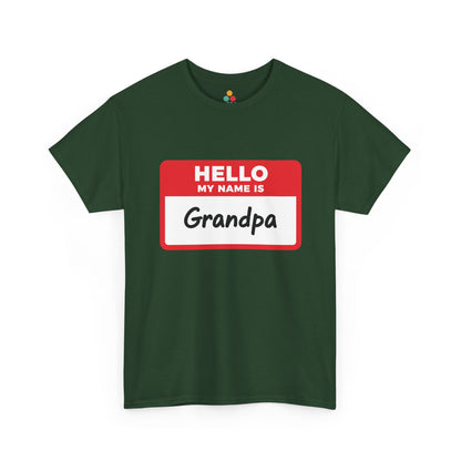 TEEZOCA forest green “Hello My Name Is Grandpa” classic joke t-shirt shown flat.