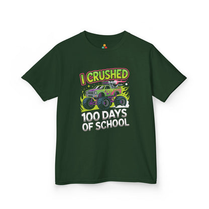 TEEZOCA forest green “I Crushed 100 Days Of School” monster truck school milestone t‑shirt.
