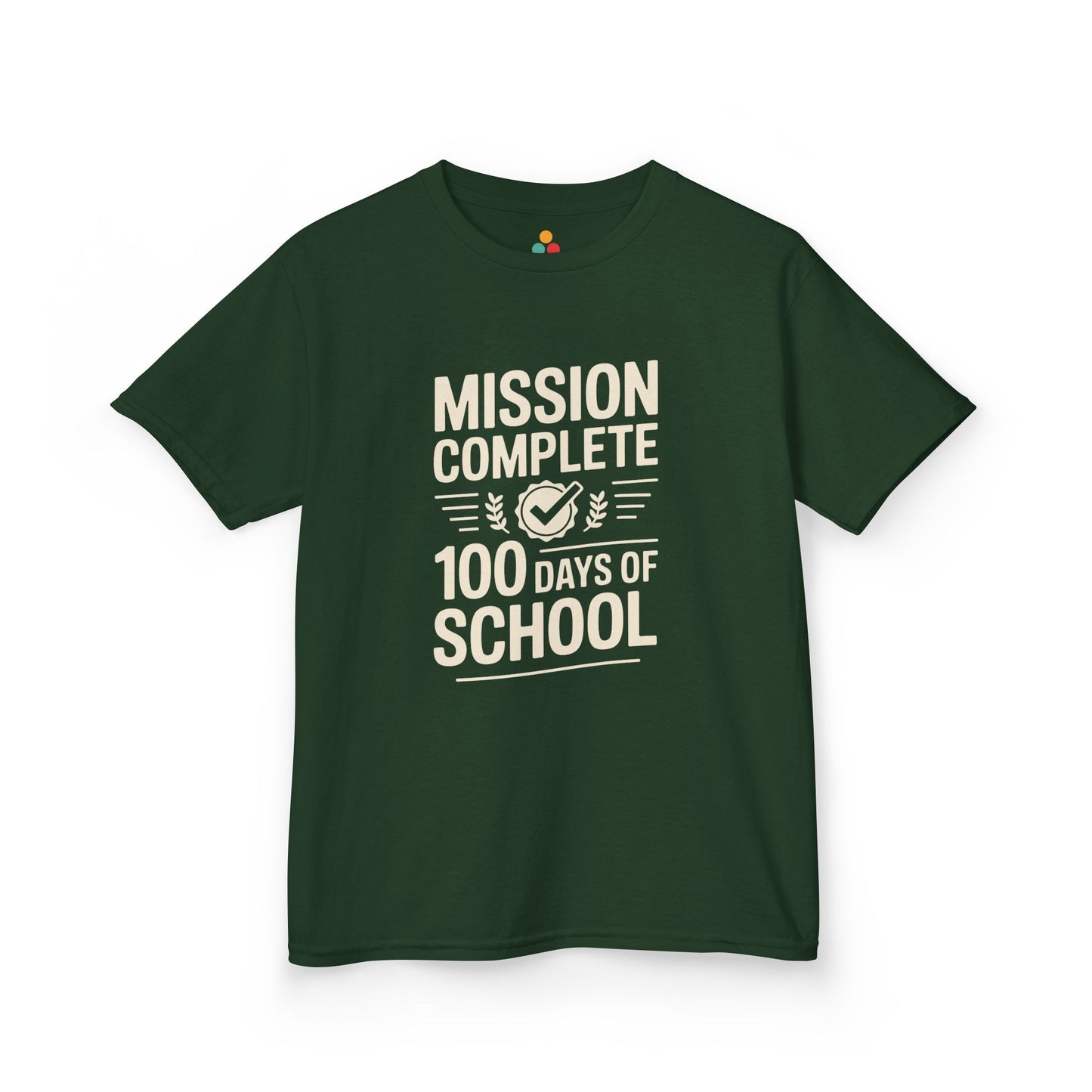 TEEZOCA forest green “Mission Complete 100 Days Of School” school milestone t‑shirt.