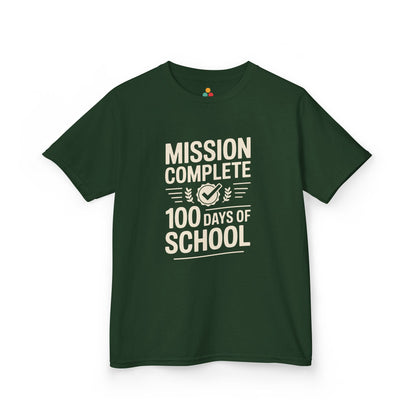 TEEZOCA forest green “Mission Complete 100 Days Of School” school milestone t‑shirt.