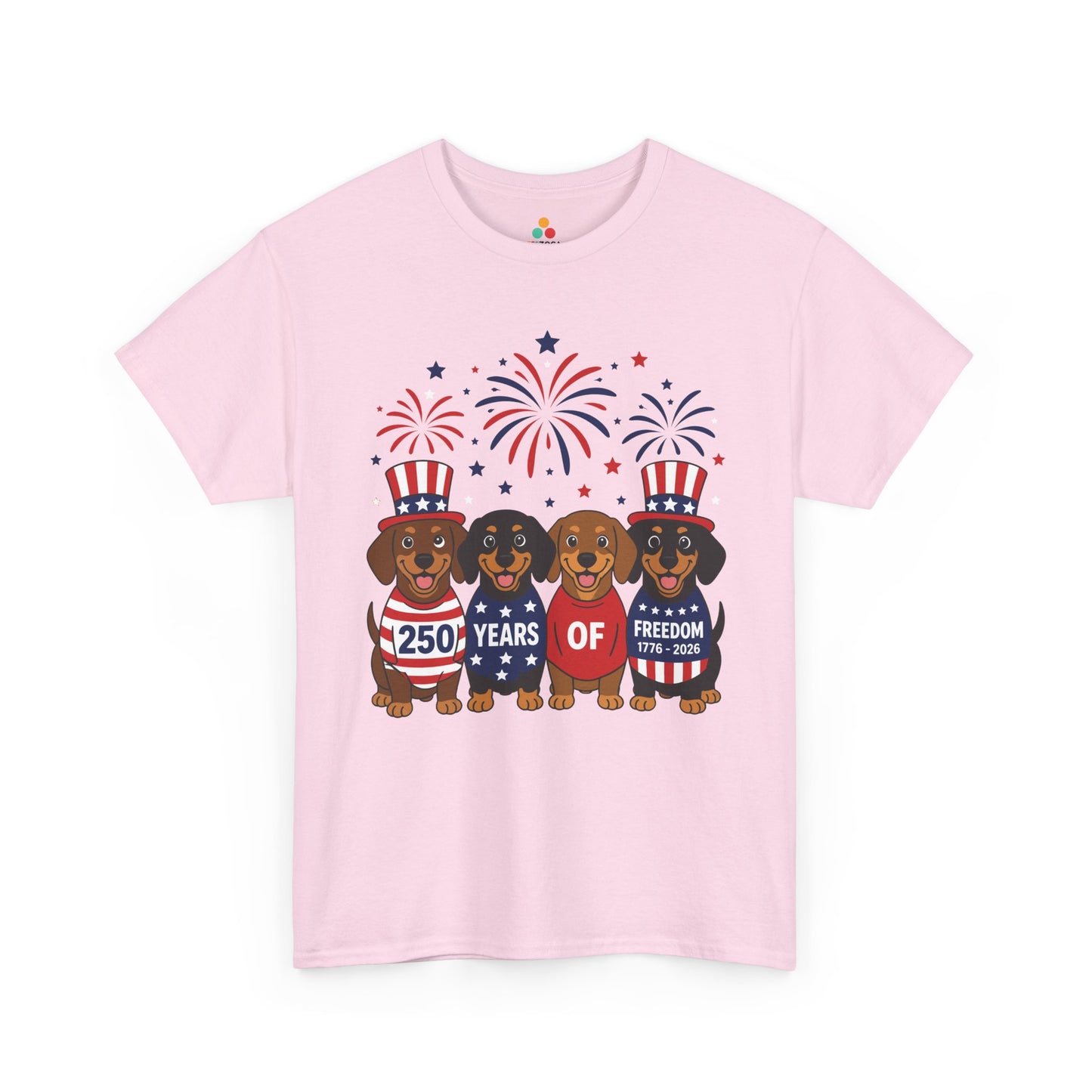 TEEZOCA fourth of July dog shirt with dachshund 4th of July shirt artwork, fireworks, and 250 years message.
