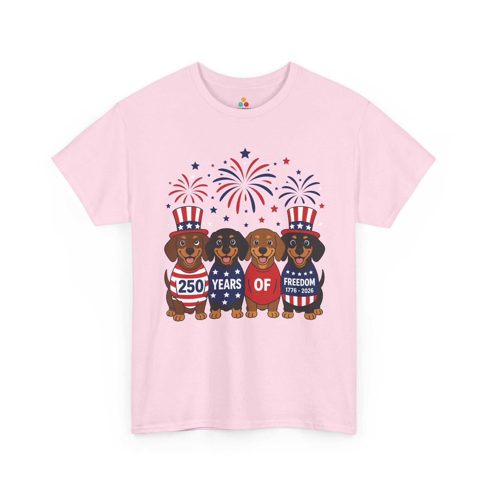 TEEZOCA fourth of July dog shirt with dachshund 4th of July shirt artwork, fireworks, and 250 years message.
