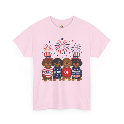 TEEZOCA fourth of July dog shirt with dachshund 4th of July shirt artwork, fireworks, and 250 years message.
