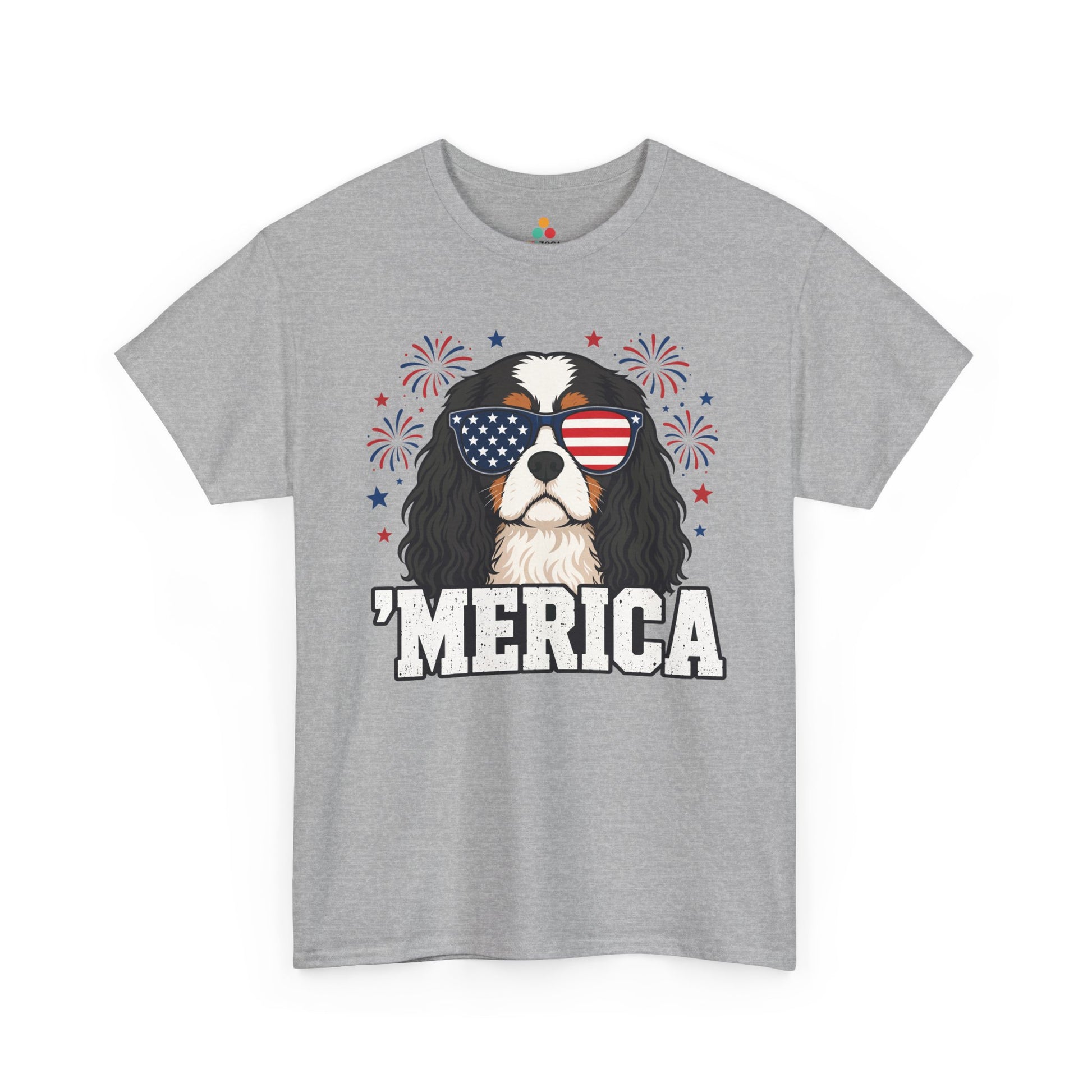 TEEZOCA fourth of july dog shirt t-shirt showing a Cavalier dog in American flag sunglasses with fireworks and patriotic dog shirt style.
