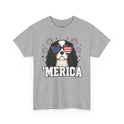TEEZOCA fourth of july dog shirt t-shirt showing a Cavalier dog in American flag sunglasses with fireworks and patriotic dog shirt style.
