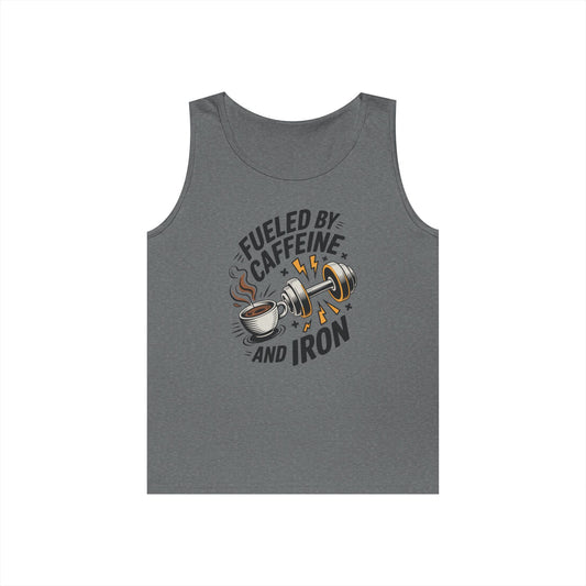 TEEZOCA fueled by caffeine and iron Unisex Tank Top with coffee and barbell design Fueled by Caffeine and Iron Unisex Tank Top for Gym Motivation Streetwear | TEEZOCA 