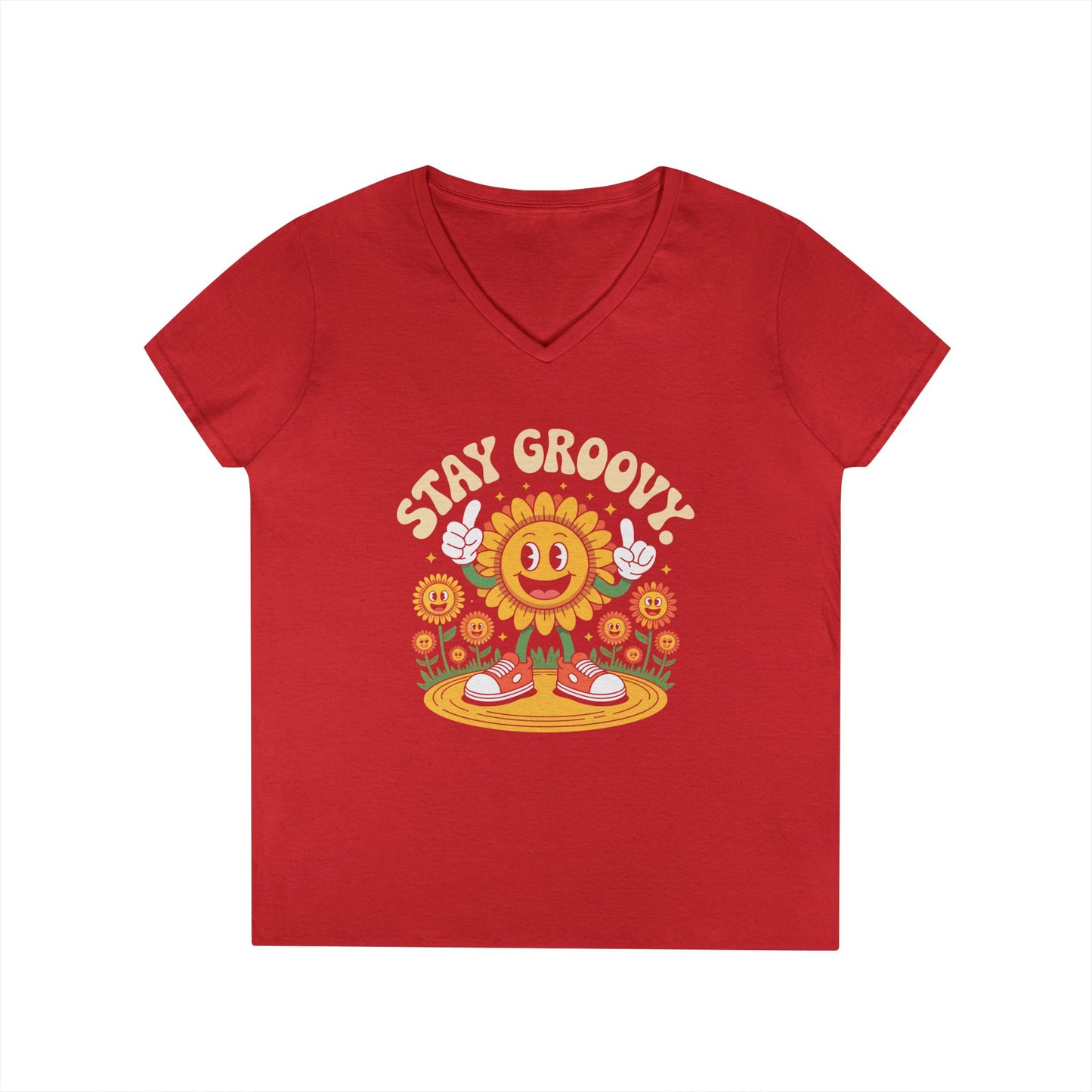 Stay Groovy Smiling Sunflower Graphic V-Neck T-Shirt for Women | TEEZOCA 