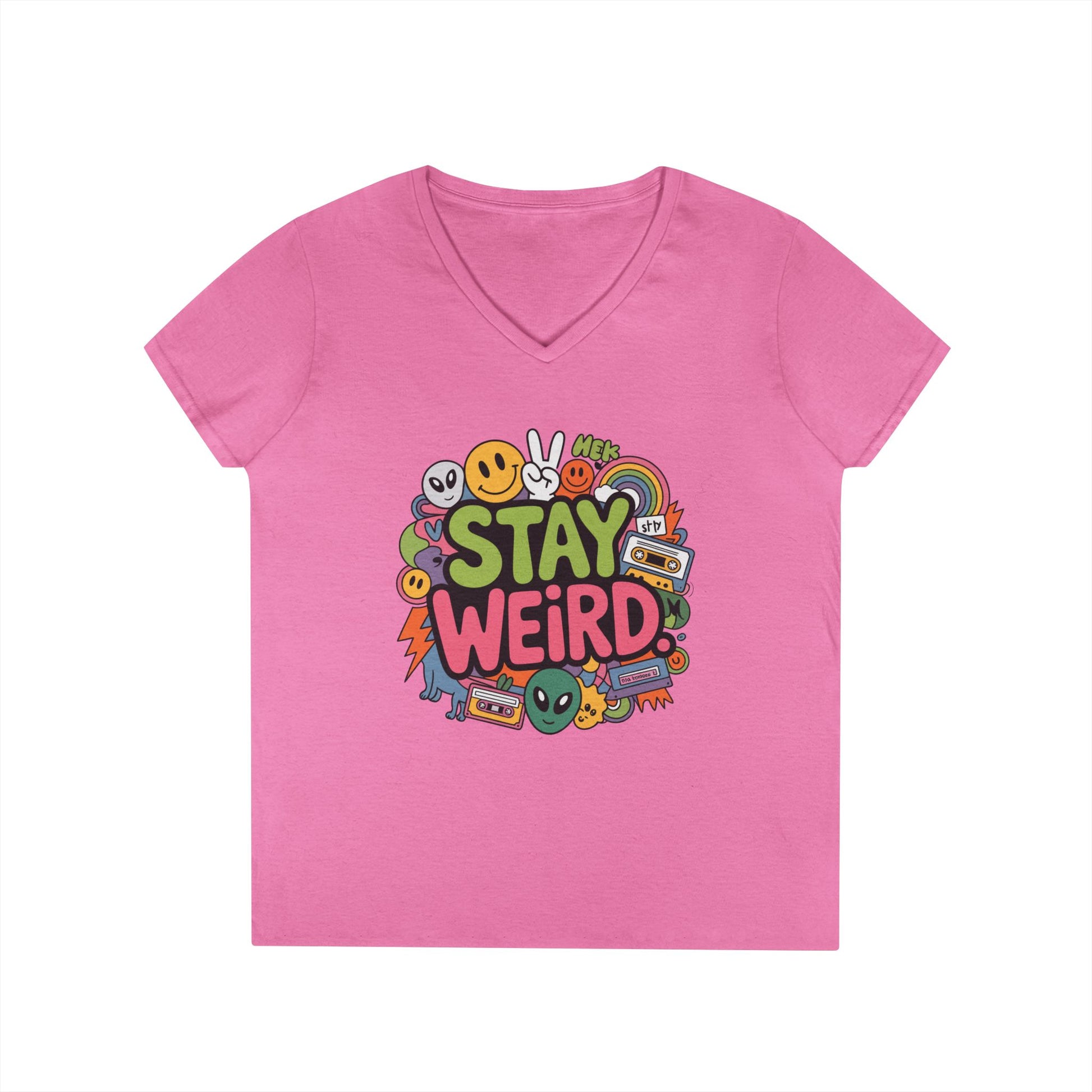 Stay Weird Retro Smiley Collage V-Neck T-Shirt for Women | TEEZOCA 