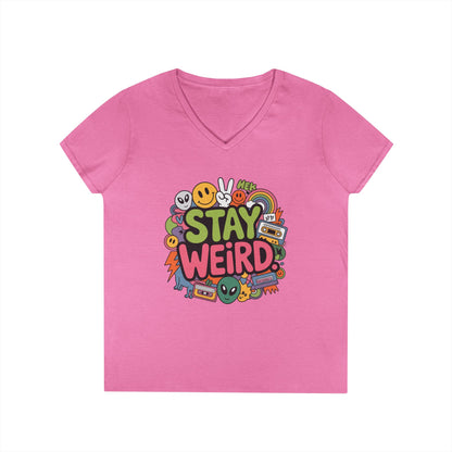 Stay Weird Retro Smiley Collage V-Neck T-Shirt for Women | TEEZOCA 