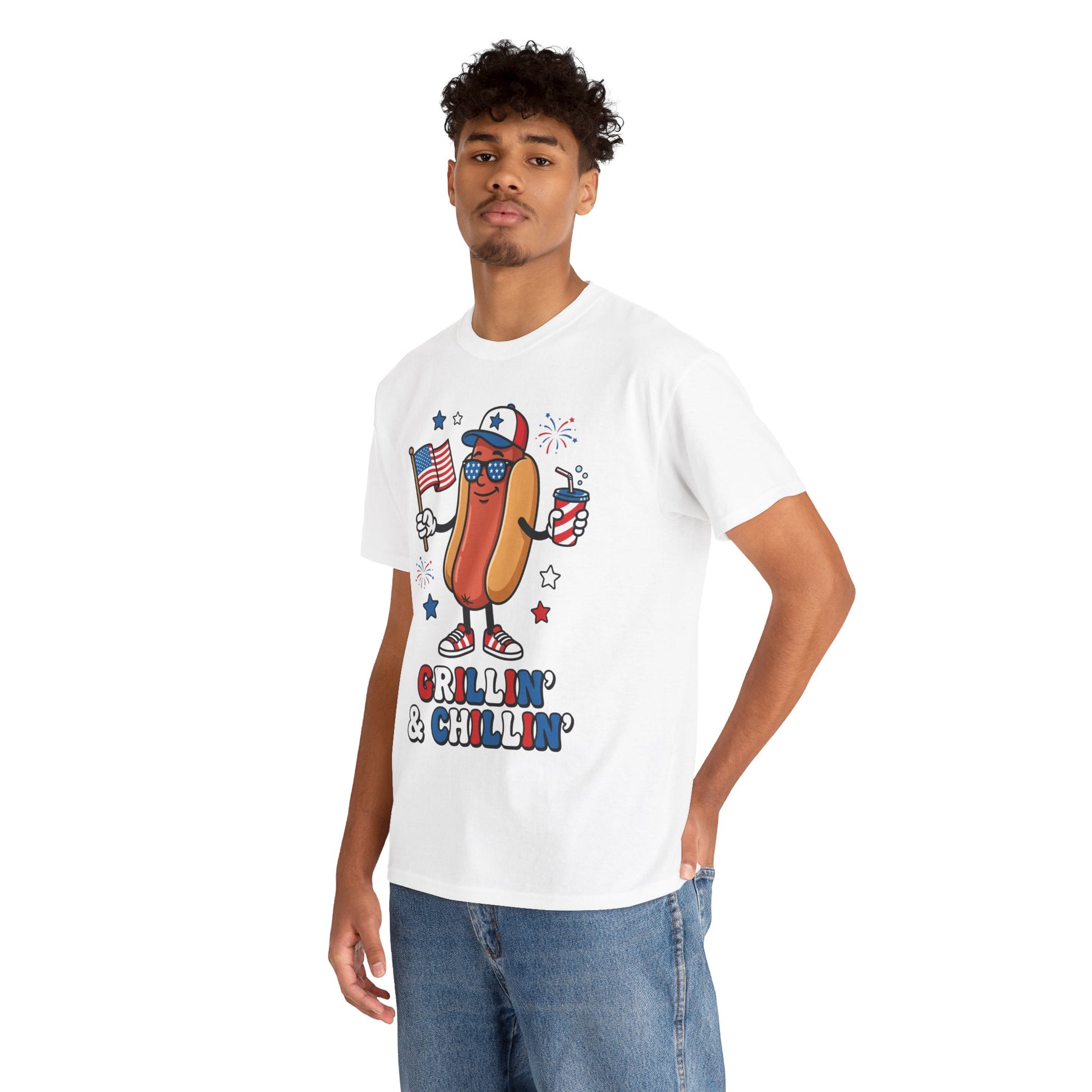 TEEZOCA funny 4th of july shirt T-shirt with Grillin and Chillin hot dog mascot, USA cap, flag, fireworks, and party drink.
