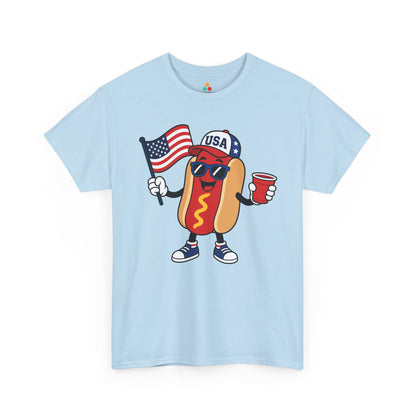 TEEZOCA funny 4th of july shirt T-shirt with smiling hot dog mascot, USA cap, sunglasses, American flag, and red party cup.
