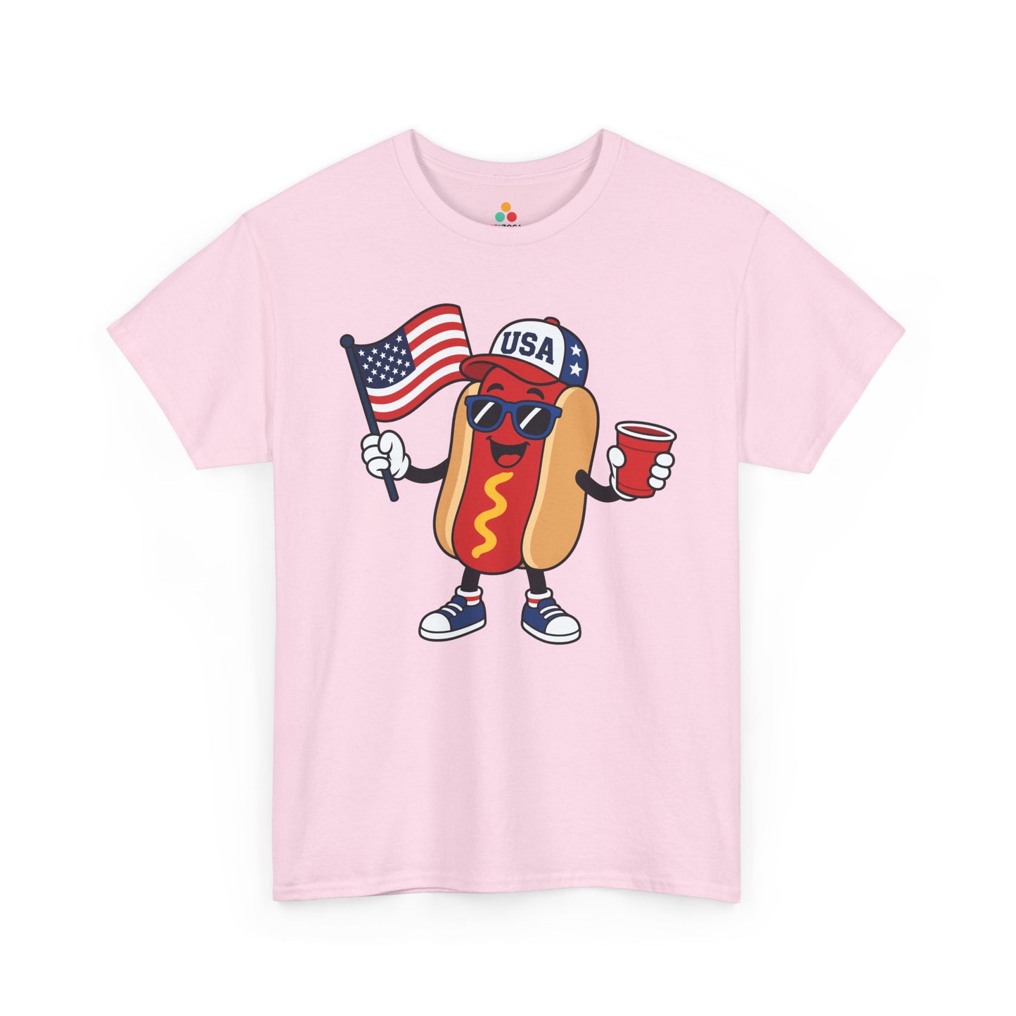 TEEZOCA funny 4th of july shirt t-shirt featuring a patriotic hot dog holding a flag and cup for BBQ party style.
