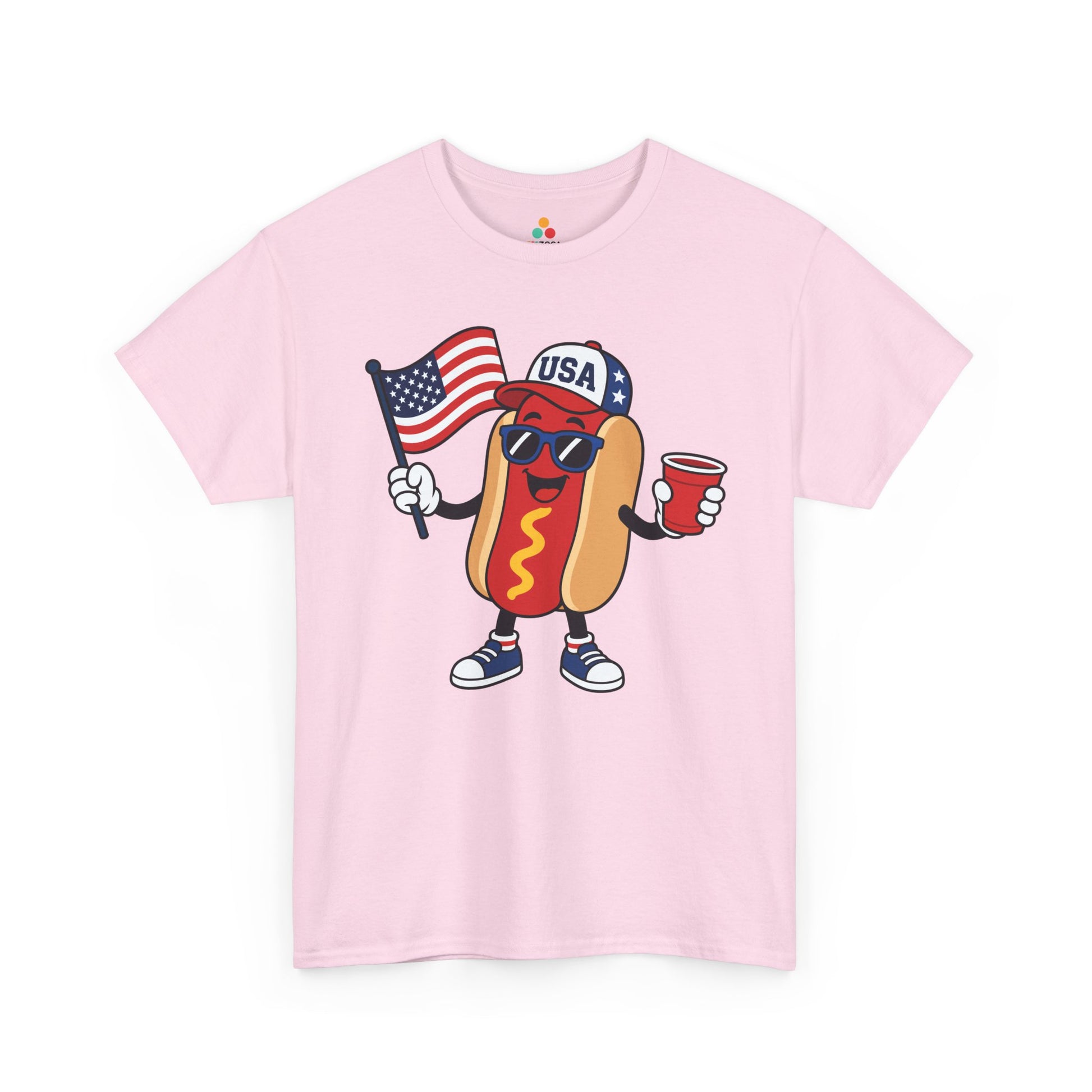 TEEZOCA funny 4th of july shirt t-shirt featuring a patriotic hot dog holding a flag and cup for BBQ party style.
