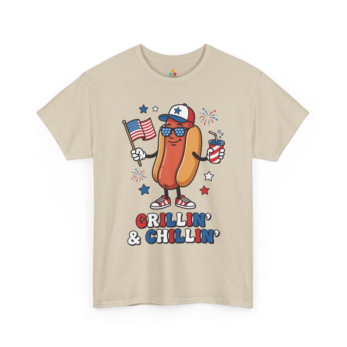 TEEZOCA funny 4th of july shirt t-shirt featuring a patriotic hot dog with sunglasses, American flag, stars, and BBQ slogan.
