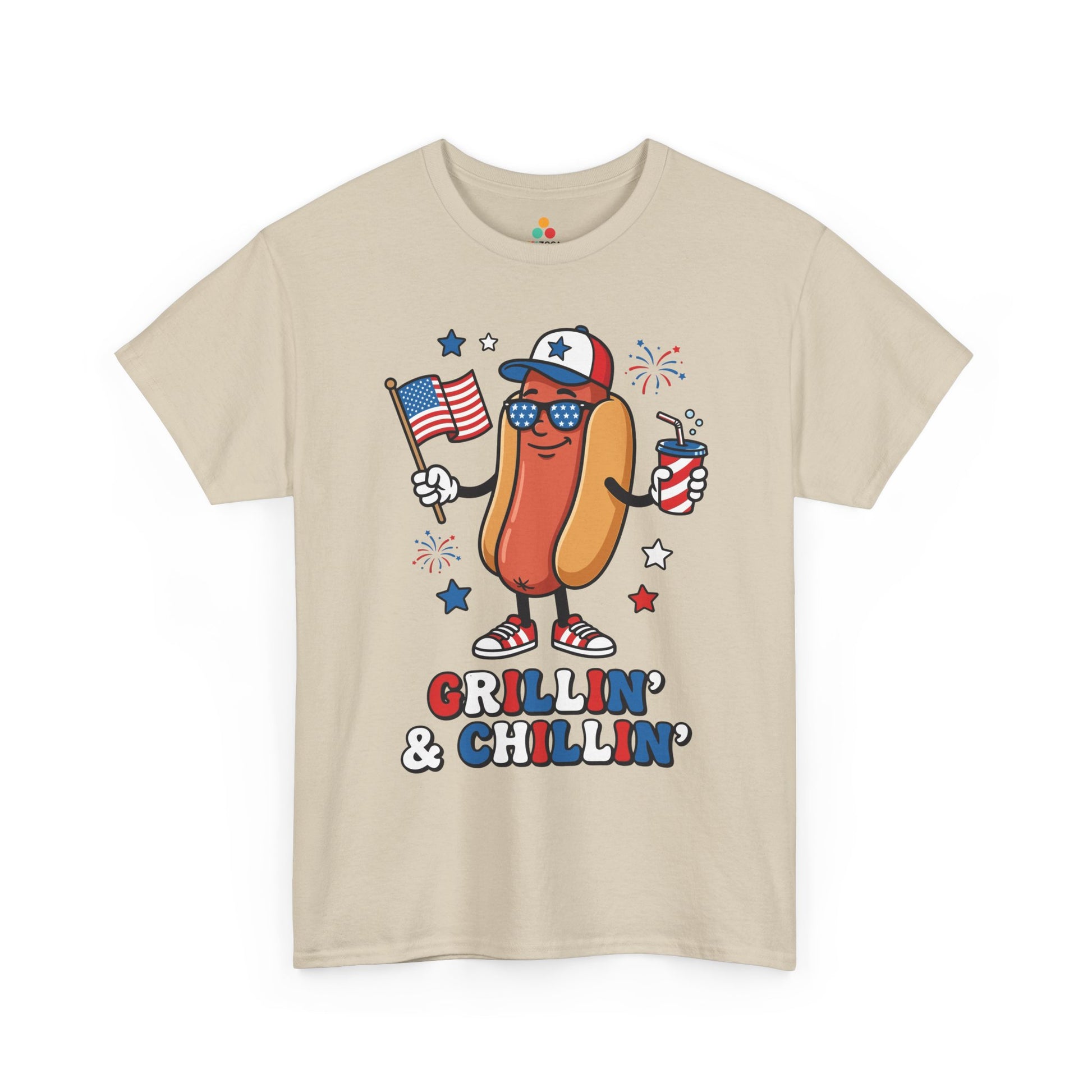TEEZOCA funny 4th of july shirt t-shirt featuring a patriotic hot dog with sunglasses, American flag, stars, and BBQ slogan.

