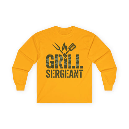 TEEZOCA funny BBQ grill master long-sleeve shirt Yellow long-sleeve shirt with 'Grill Sergeant' text and grill icons on a white background