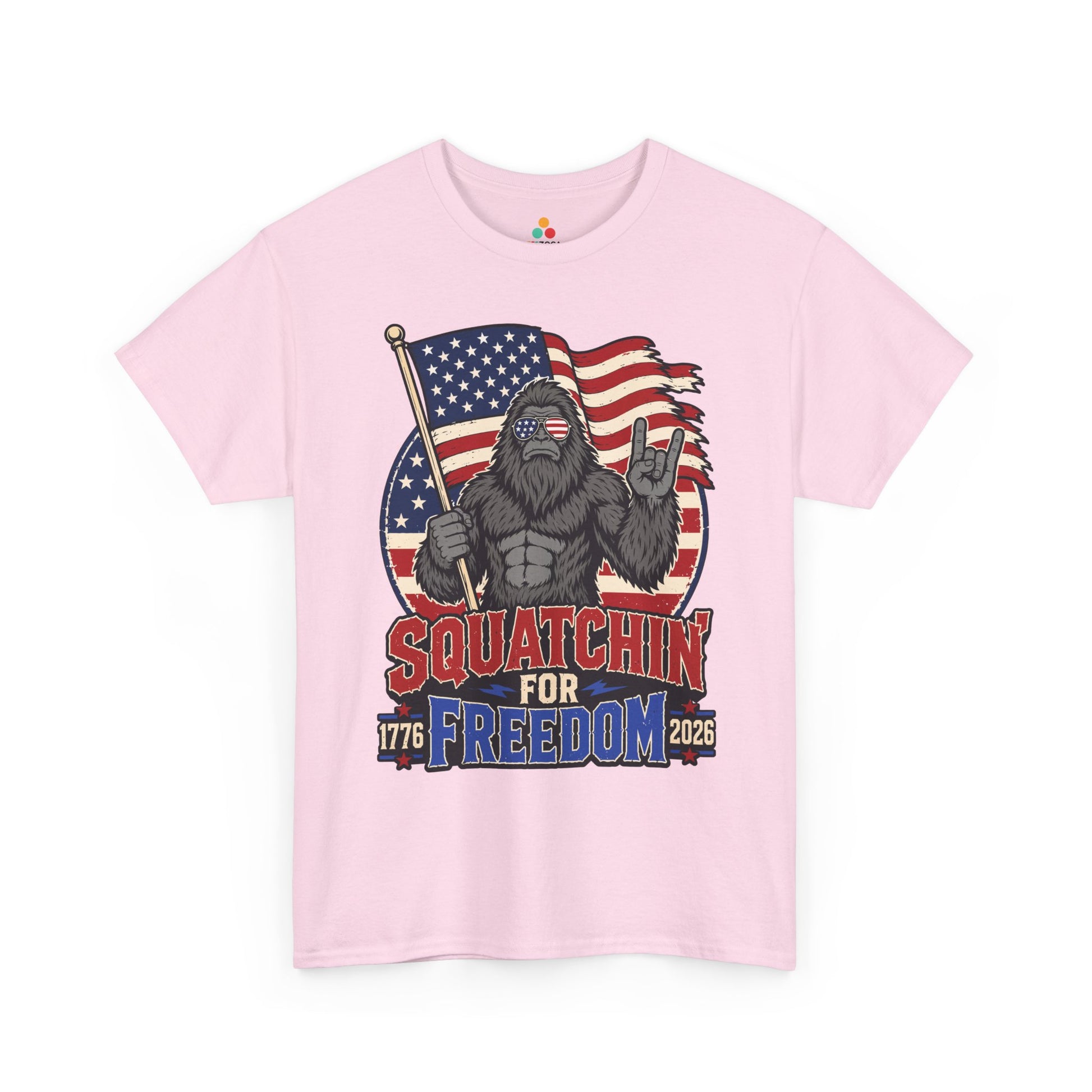 TEEZOCA funny Bigfoot shirt T-shirt with 1776, 2026, freedom text, and a patriotic Sasquatch graphic.

