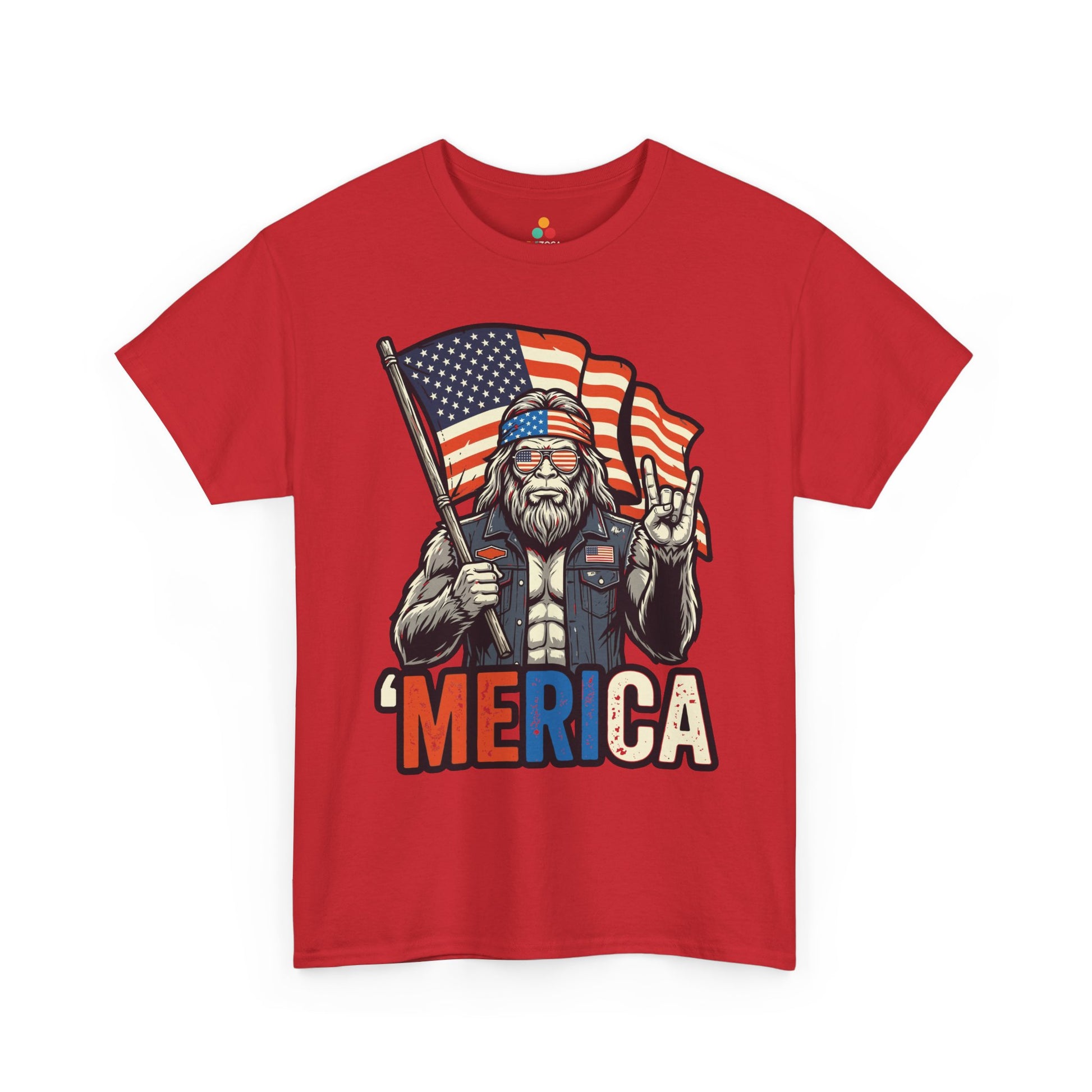 TEEZOCA funny Merica shirt T-shirt featuring Sasquatch, red white and blue lettering, and Independence Day attitude.
