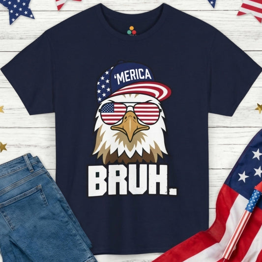 TEEZOCA funny america shirt navy blue t-shirt with a bald eagle, Merica snapback, American flag sunglasses, and BRUH. 