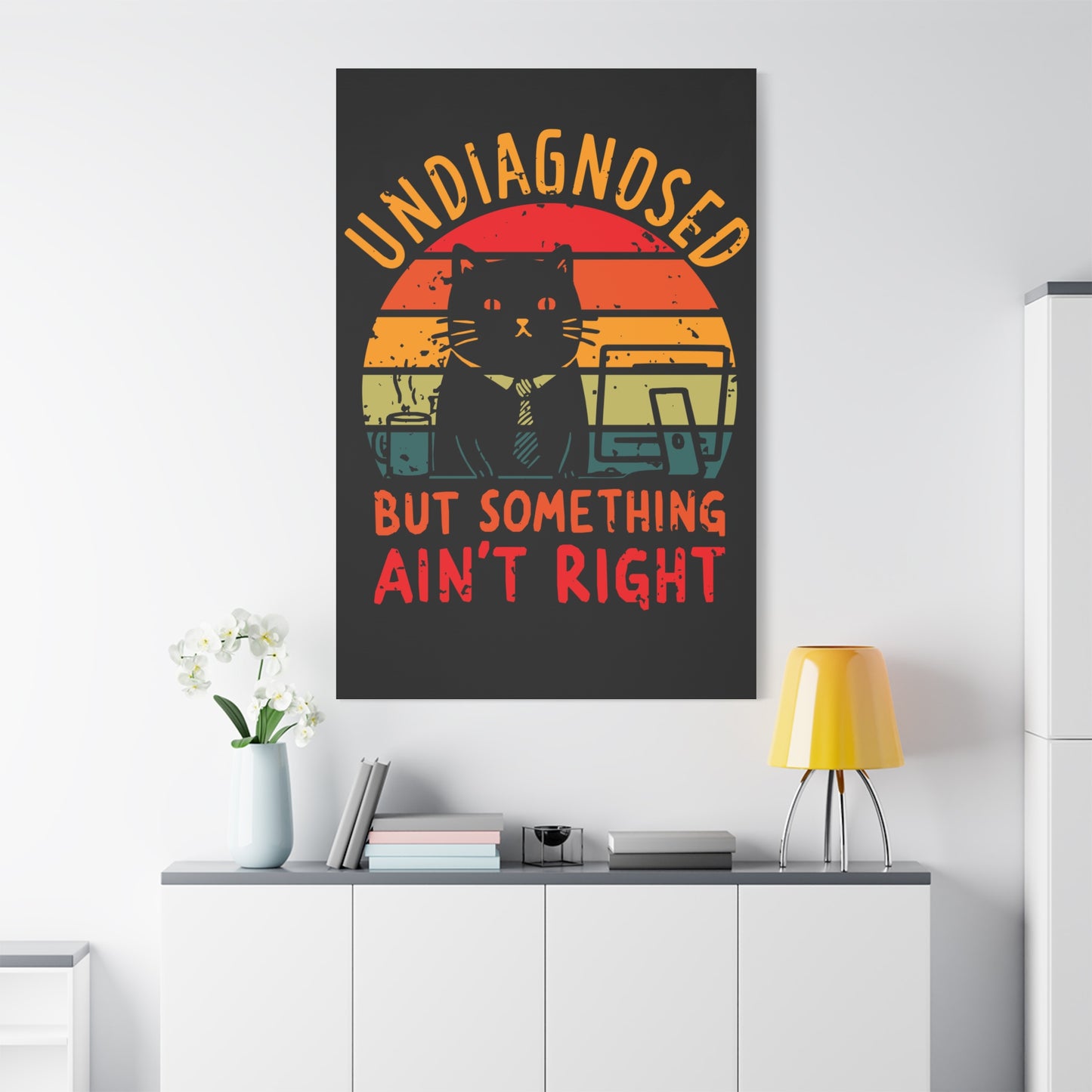 TEEZOCA funny black cat retro canvas print featured in a bright minimalist room.