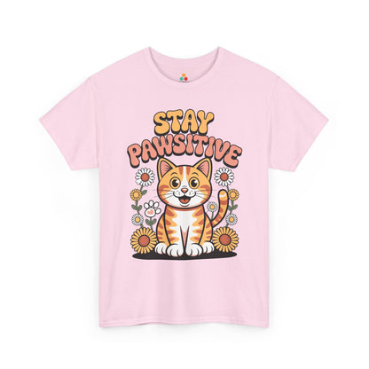 TEEZOCA funny cat pun positive shirt Stay Pawsitive Cat Cute Retro Kitty Graphic T‑Shirt | TEEZOCA 