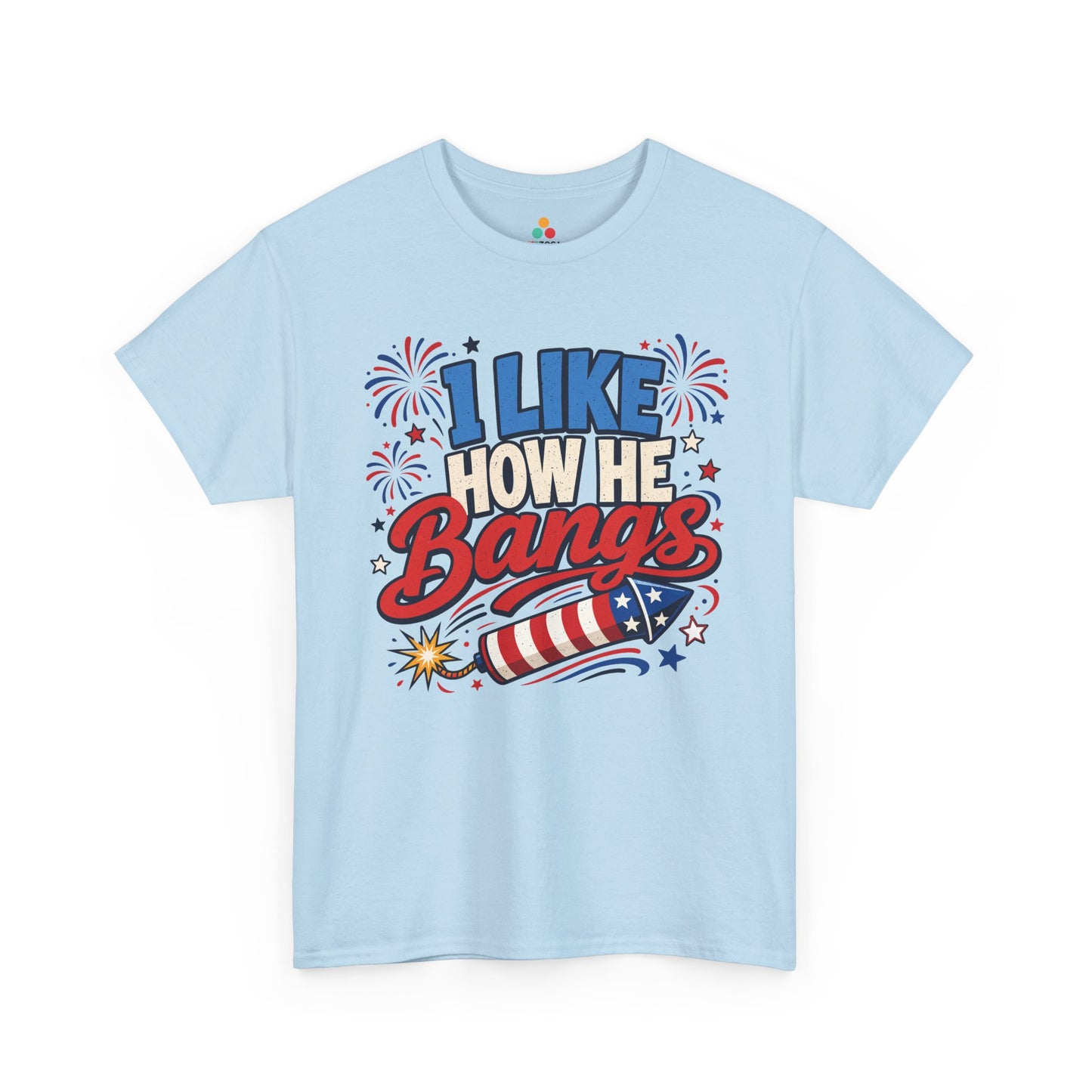TEEZOCA funny couples 4th of july shirts t-shirt with playful I Like How He Bangs message and red blue firework art.
