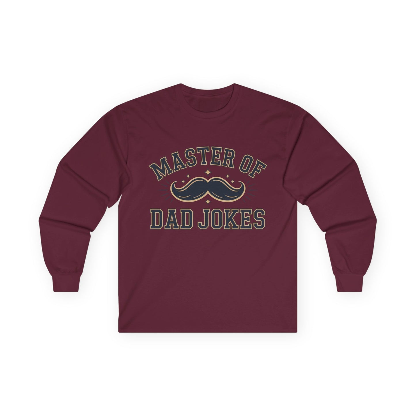 TEEZOCA funny dad joke mustache long-sleeve shirt Maroon long-sleeve shirt with 'Master of Dad Jokes' text and mustache graphic on a white background