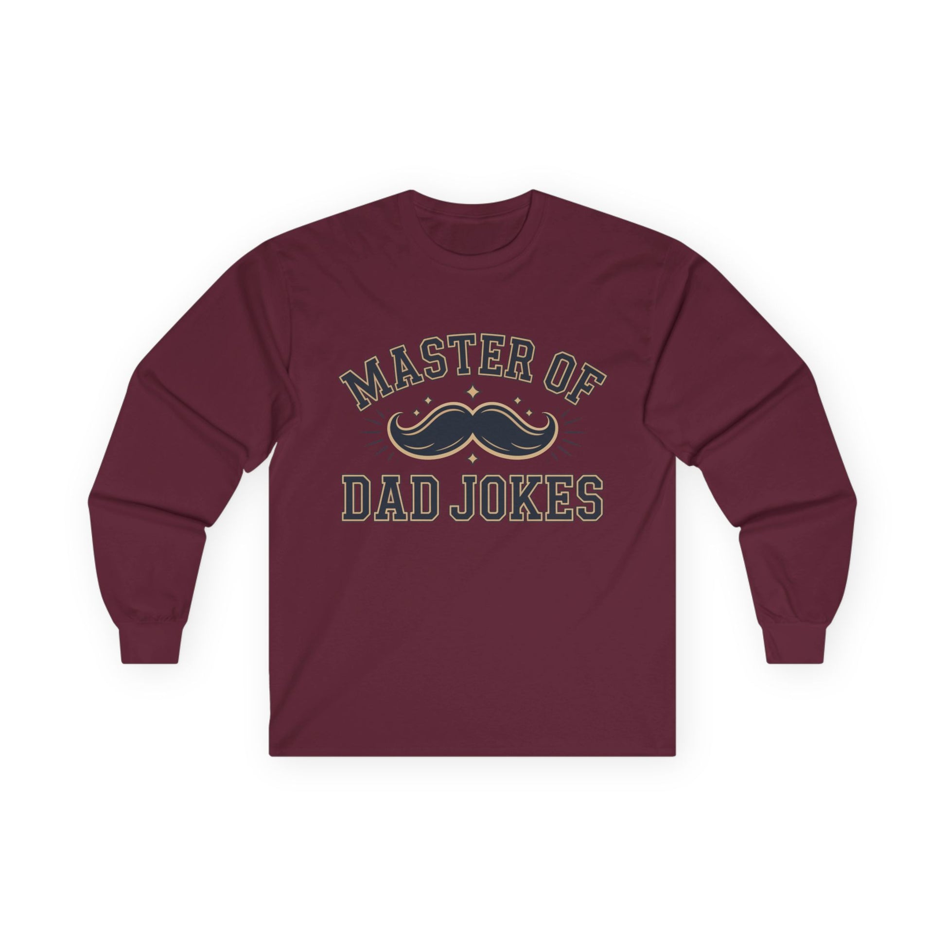 TEEZOCA funny dad joke mustache long-sleeve shirt Maroon long-sleeve shirt with 'Master of Dad Jokes' text and mustache graphic on a white background