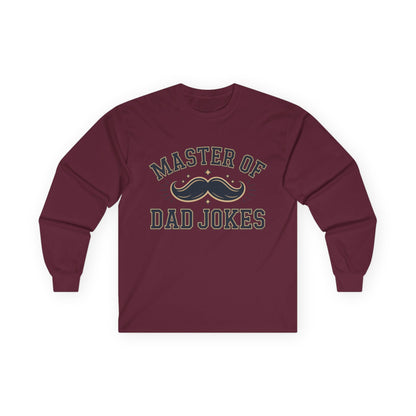 TEEZOCA funny dad joke mustache long-sleeve shirt Maroon long-sleeve shirt with 'Master of Dad Jokes' text and mustache graphic on a white background