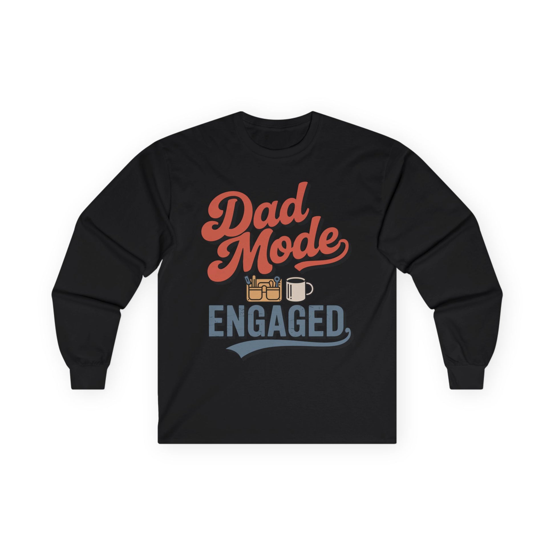 TEEZOCA funny dad mode typography long-sleeve shirt Black long-sleeve shirt with 'Dad Mode Engaged' text and graphics on a white background