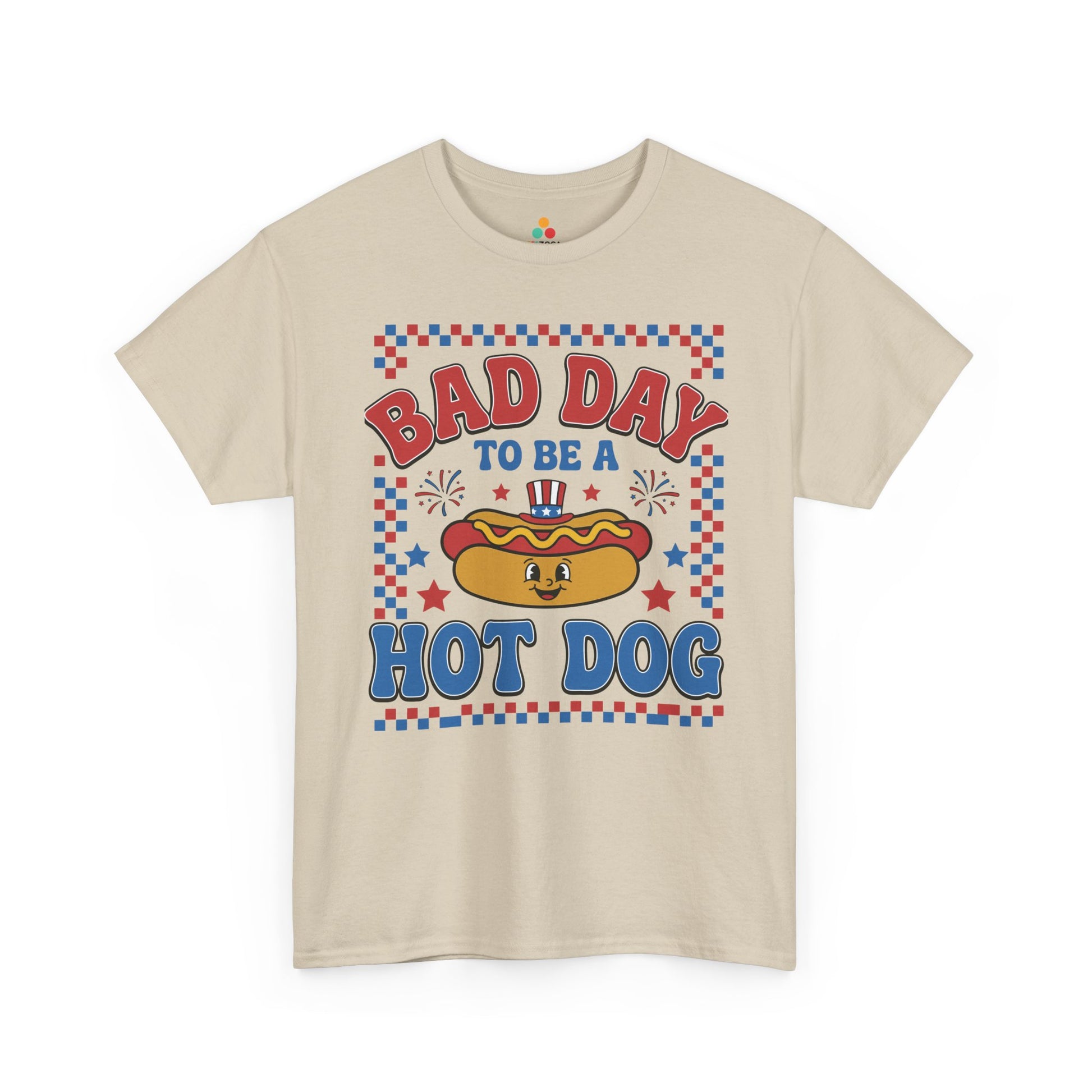 TEEZOCA funny food shirt t-shirt showing Bad Day To Be A Hot Dog text with Uncle Sam hot dog and cookout humor.
