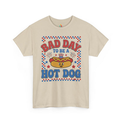 TEEZOCA funny food shirt t-shirt showing Bad Day To Be A Hot Dog text with Uncle Sam hot dog and cookout humor.
