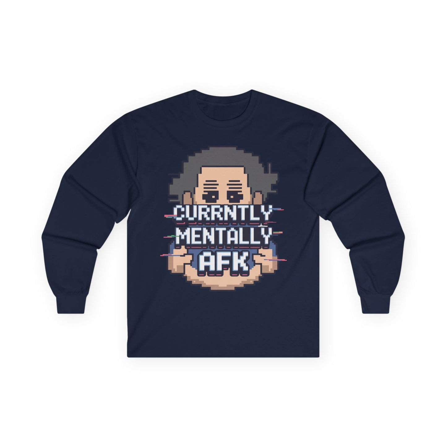 TEEZOCA funny gamer AFK long-sleeve shirt Navy blue long-sleeve shirt with pixel art design and text on a white background