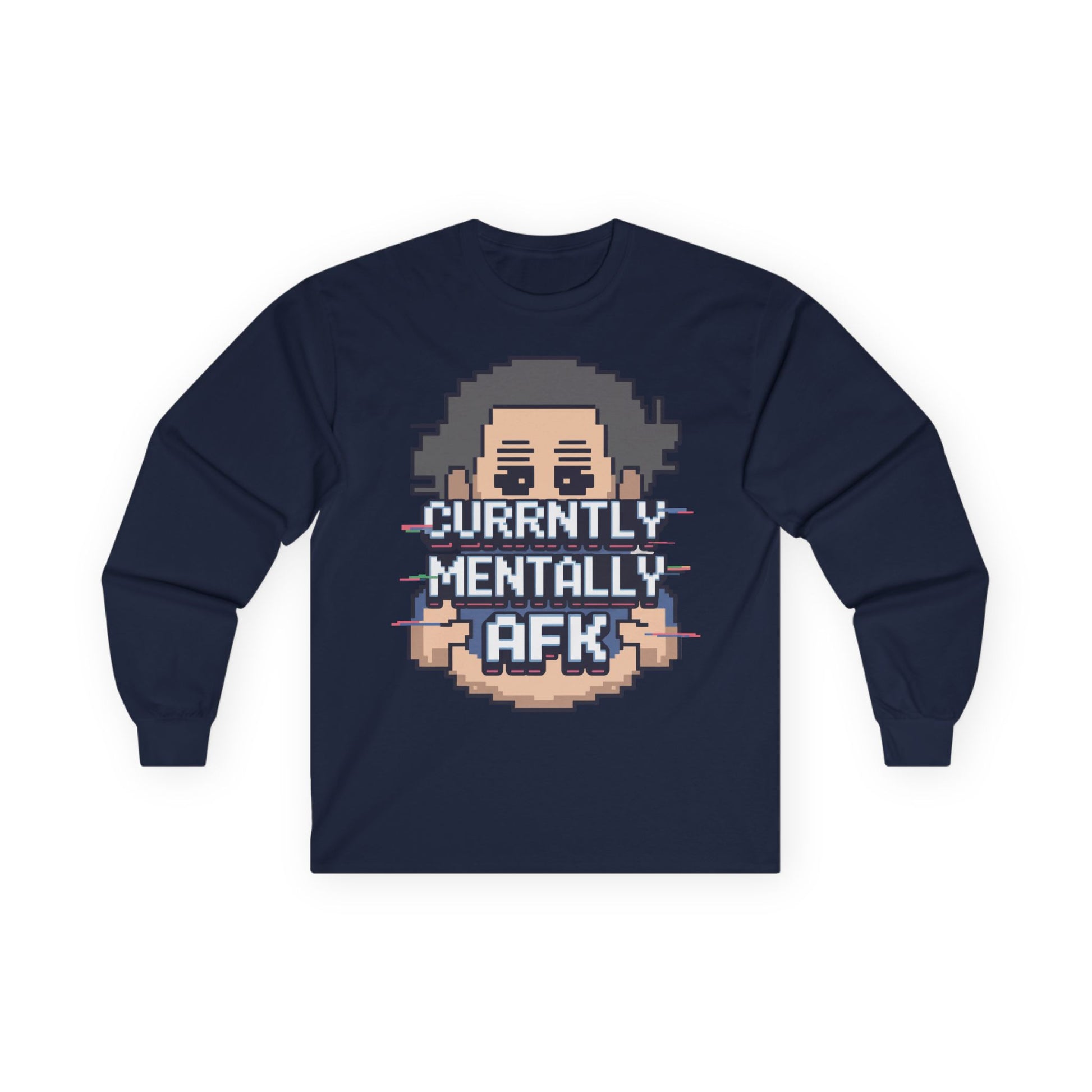 TEEZOCA funny gamer AFK long-sleeve shirt Navy blue long-sleeve shirt with pixel art design and text on a white background