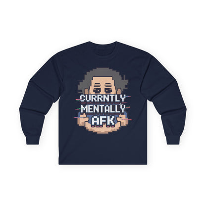 TEEZOCA funny gamer AFK long-sleeve shirt Navy blue long-sleeve shirt with pixel art design and text on a white background