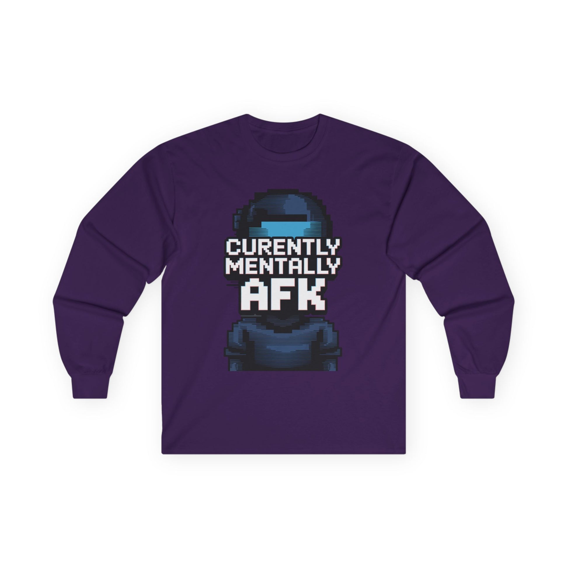 TEEZOCA funny gaming AFK pixel art shirt Purple long-sleeve shirt with a graphic and text 'Currently Mentally AFK' on a white background
