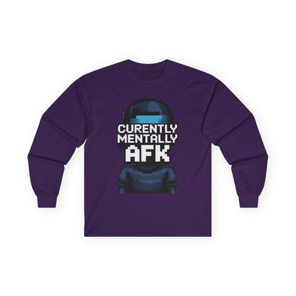 TEEZOCA funny gaming AFK pixel art shirt Purple long-sleeve shirt with a graphic and text 'Currently Mentally AFK' on a white background