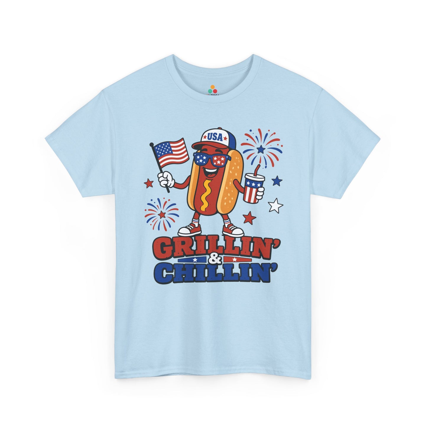 TEEZOCA funny hot dog shirt t-shirt showing a USA hot dog mascot, grillin and chillin lettering, stars, and cookout energy.
