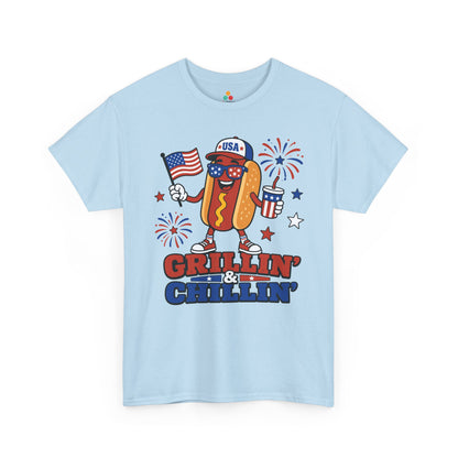TEEZOCA funny hot dog shirt t-shirt showing a USA hot dog mascot, grillin and chillin lettering, stars, and cookout energy.
