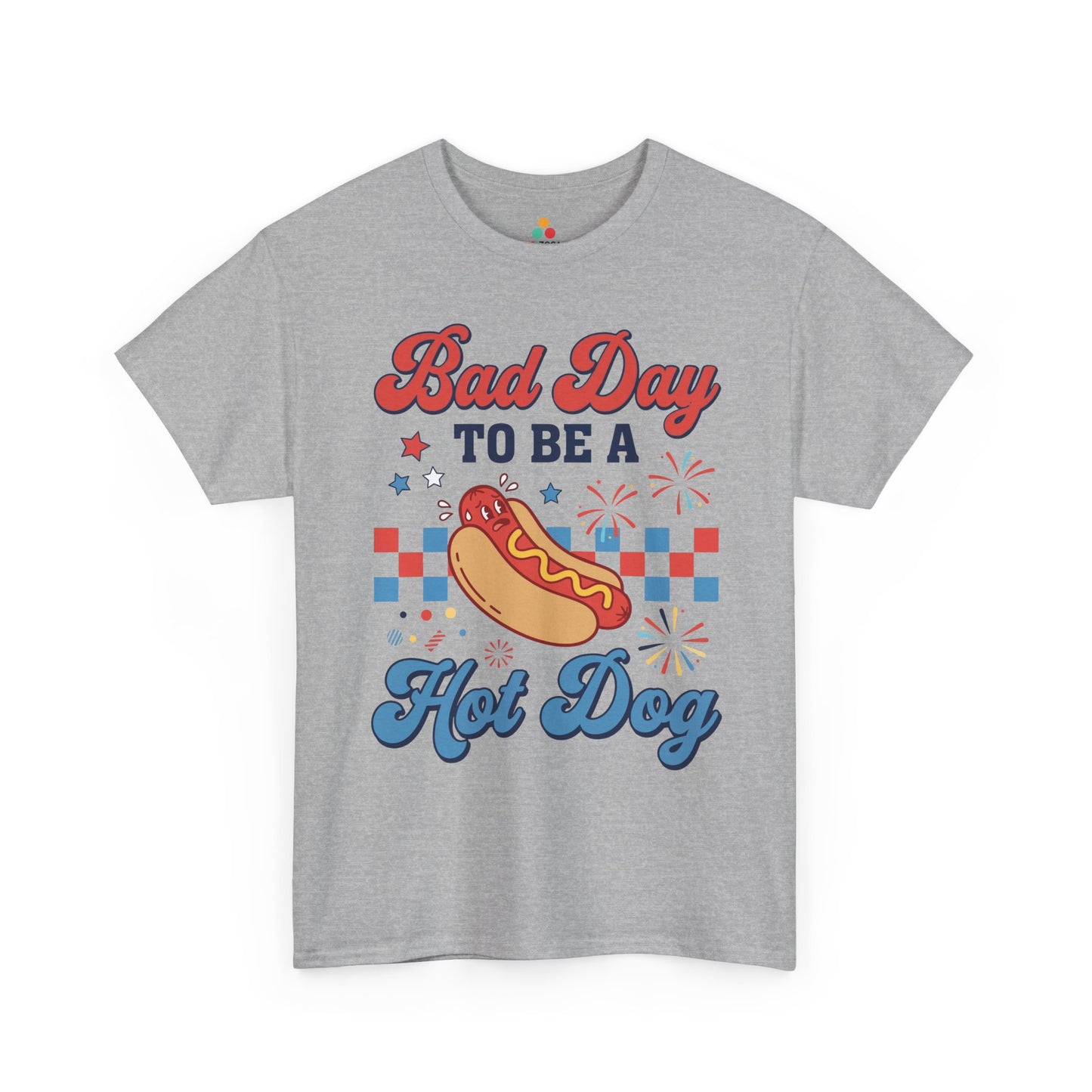 TEEZOCA funny hot dog shirt t-shirt showing a sweating hot dog mascot, colorful fireworks, checkered 4th of july shirt details, and retro style.

