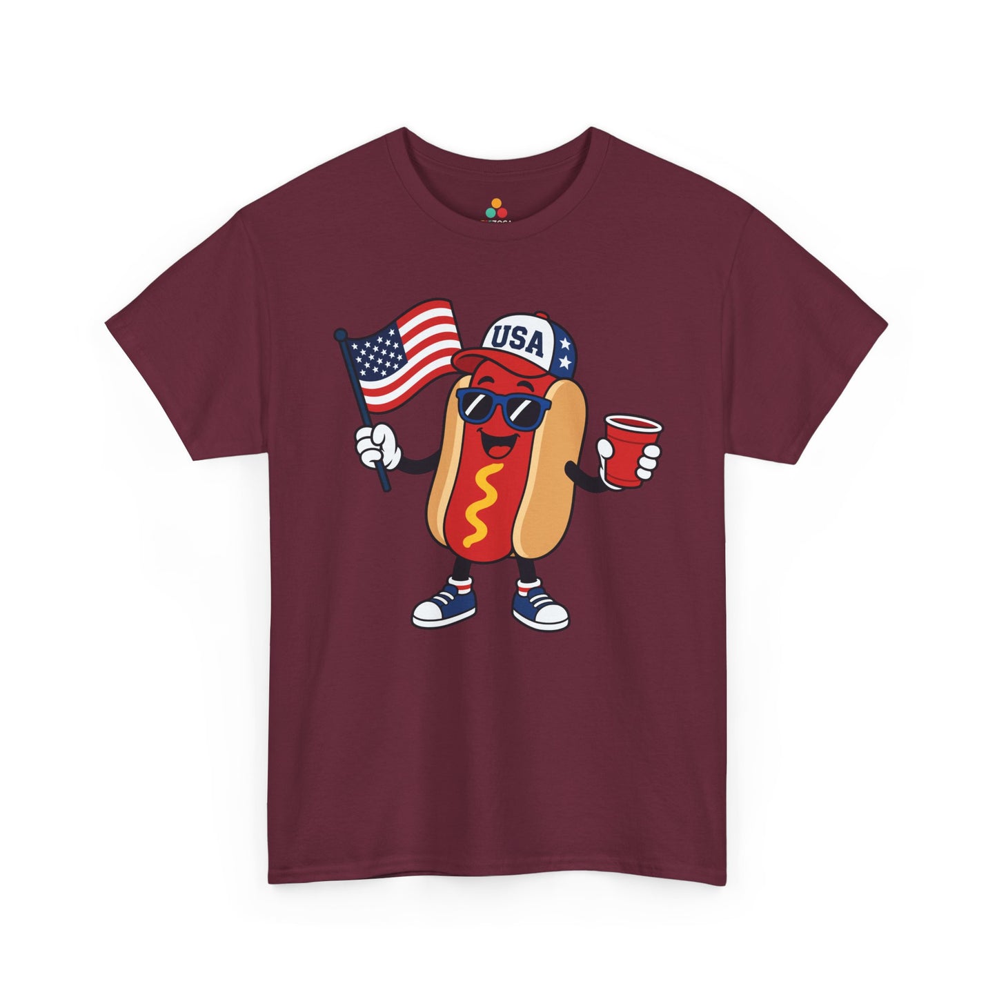 TEEZOCA funny hot dog shirt t-shirt with red white and blue BBQ design, patriotic cap, sunglasses, and red cup.
