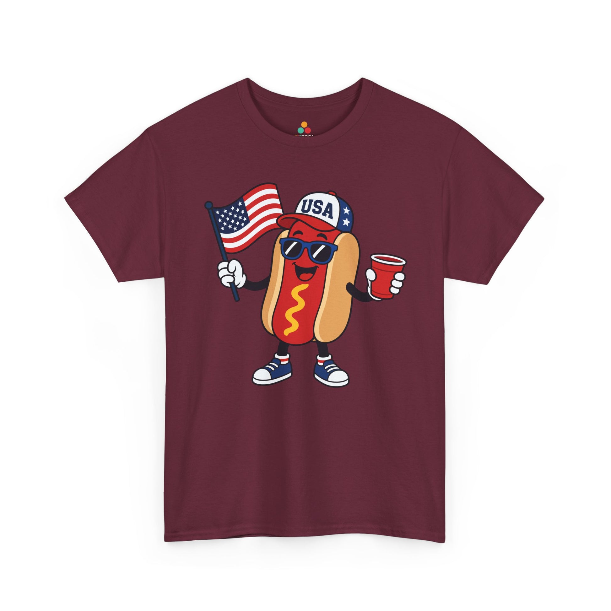 TEEZOCA funny hot dog shirt t-shirt with red white and blue BBQ design, patriotic cap, sunglasses, and red cup.
