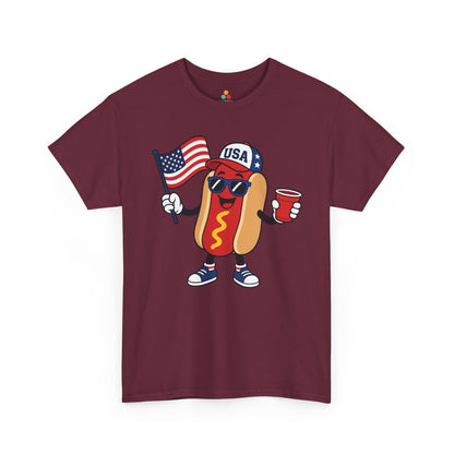 TEEZOCA funny hot dog shirt t-shirt with red white and blue BBQ design, patriotic cap, sunglasses, and red cup.

